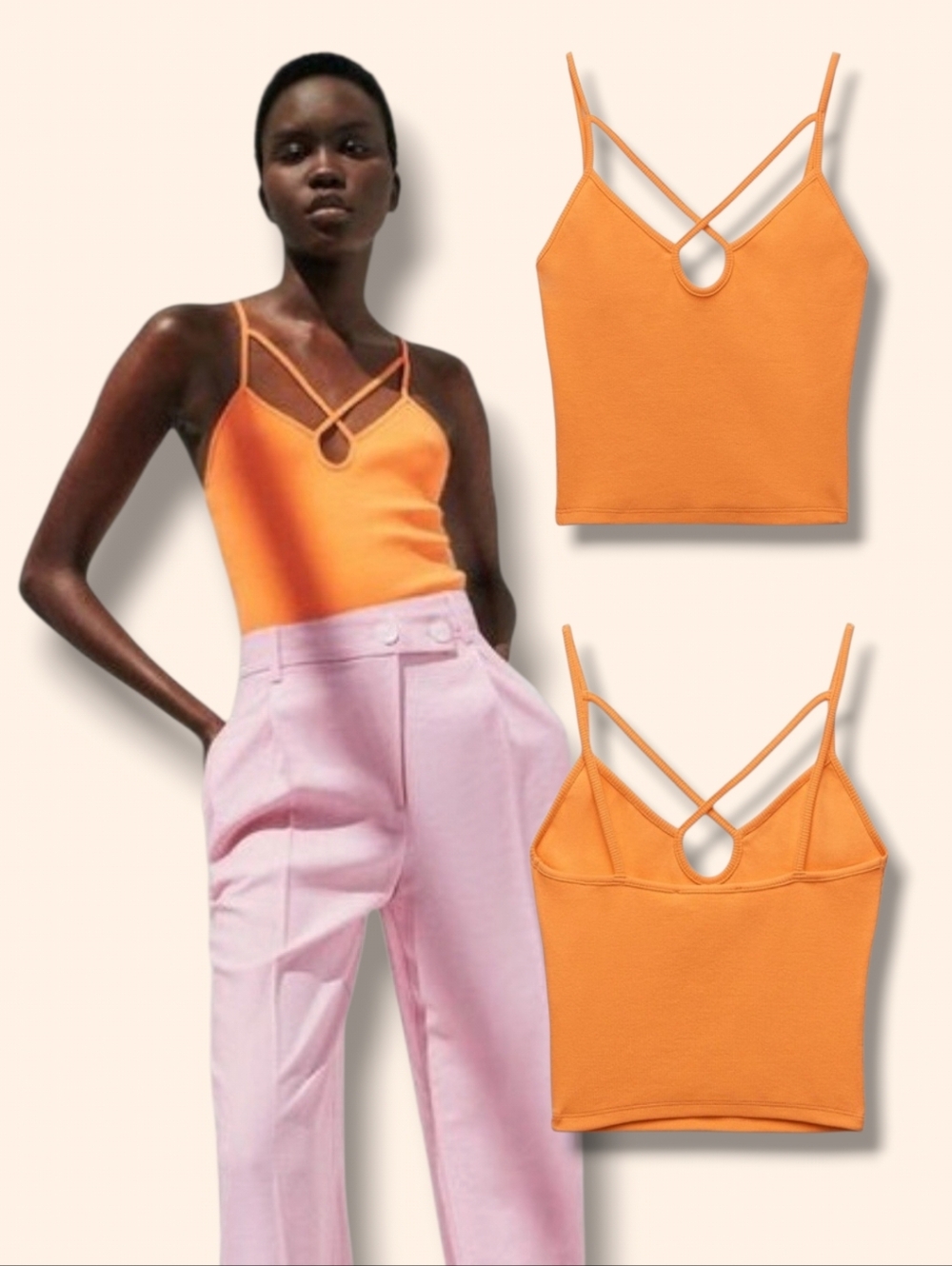 Zara Women's Bright Orange Keyhole Ribbed Knit Crop Tank Top